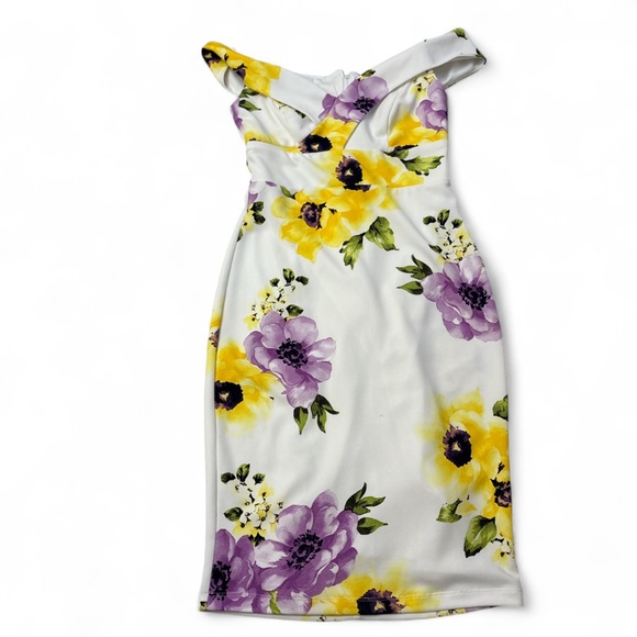 Premier Amour Off Y2k Shoulder Floral Bodycon Dress White Yellow Purple Size 6 - Picture 1 of 6